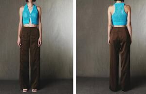 Kijun Brown Satin Bow Pants High-Waisted Wide-Leg Casual Zip Fly Size Medium M
